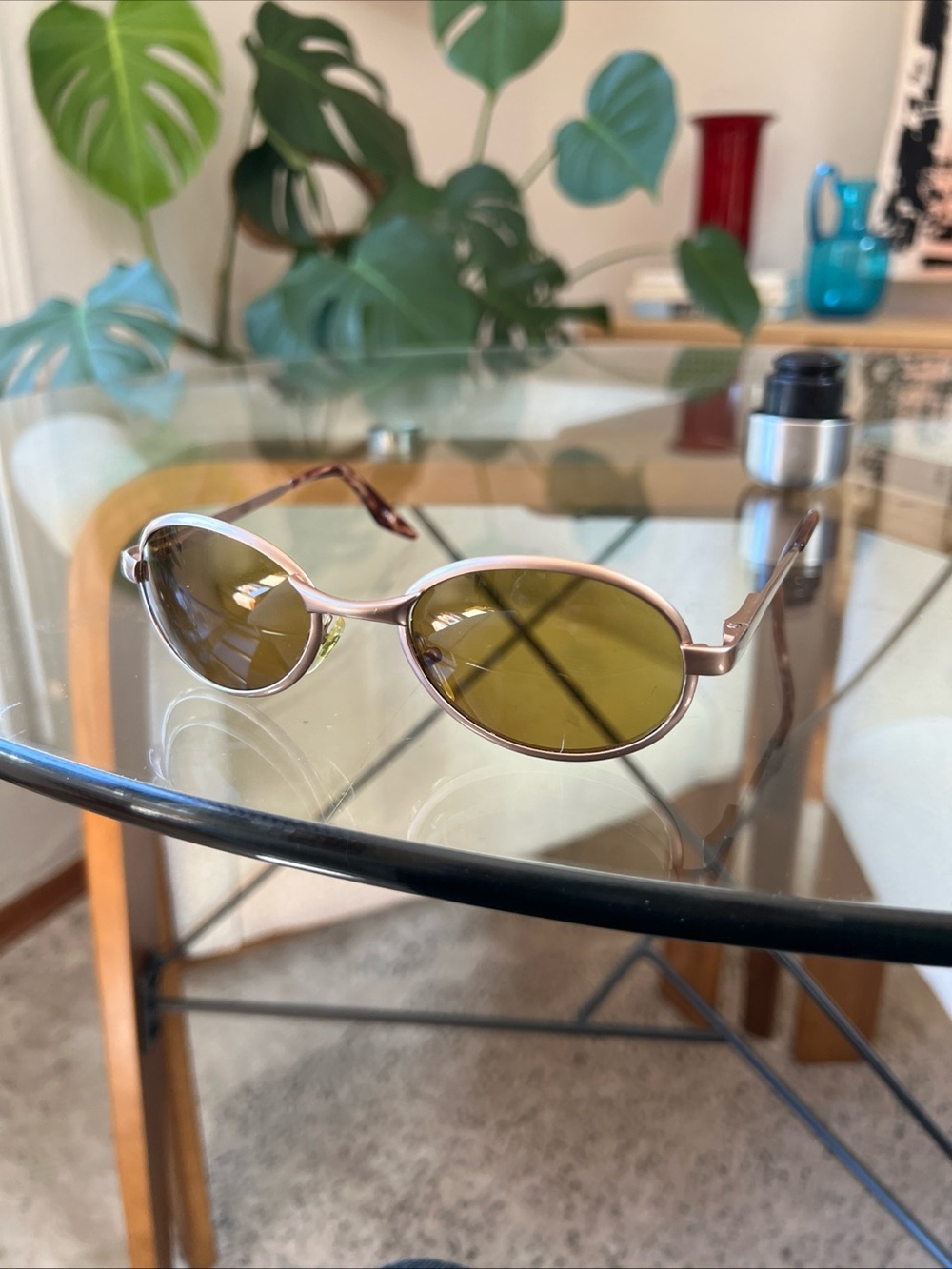 Y2K Oval Sunglasses Rose Gold Tone Frame Olive Green Lenses Retro